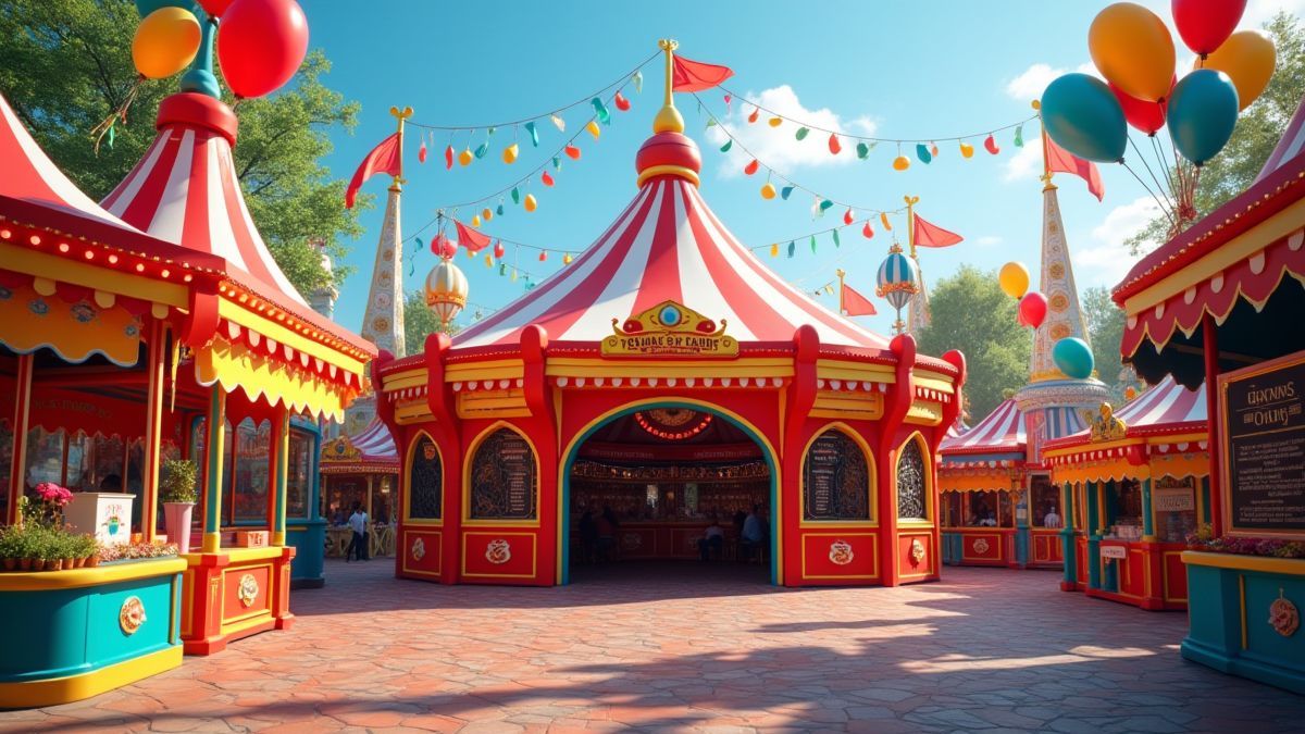 Entrada de feria con globos y taquilla de boletos.