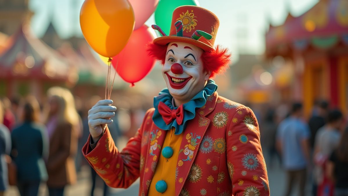 Payaso colorido con globos en un parque de atracciones.