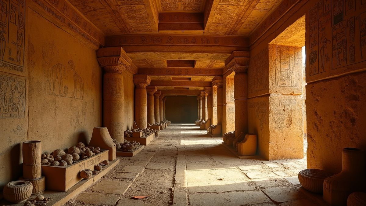 Tumba egipcia panorámica con artefactos