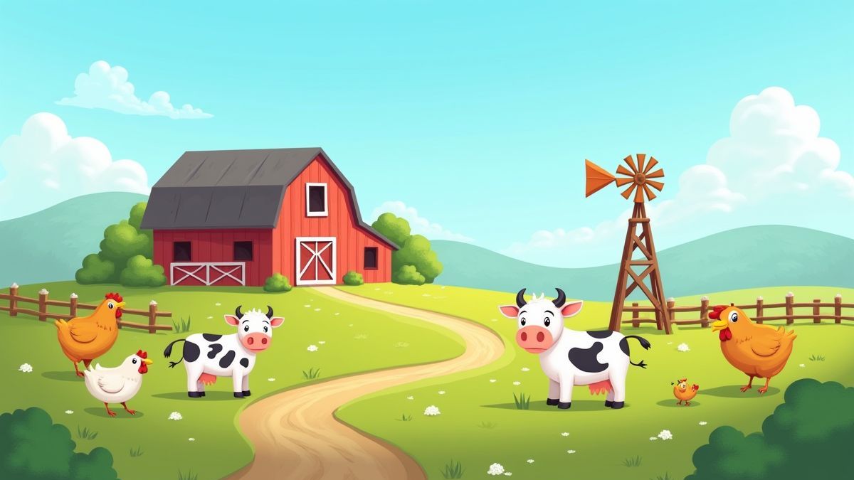 Landschaft einer Bauernhof im Cartoon-Stil mit Tieren und Windmühle.