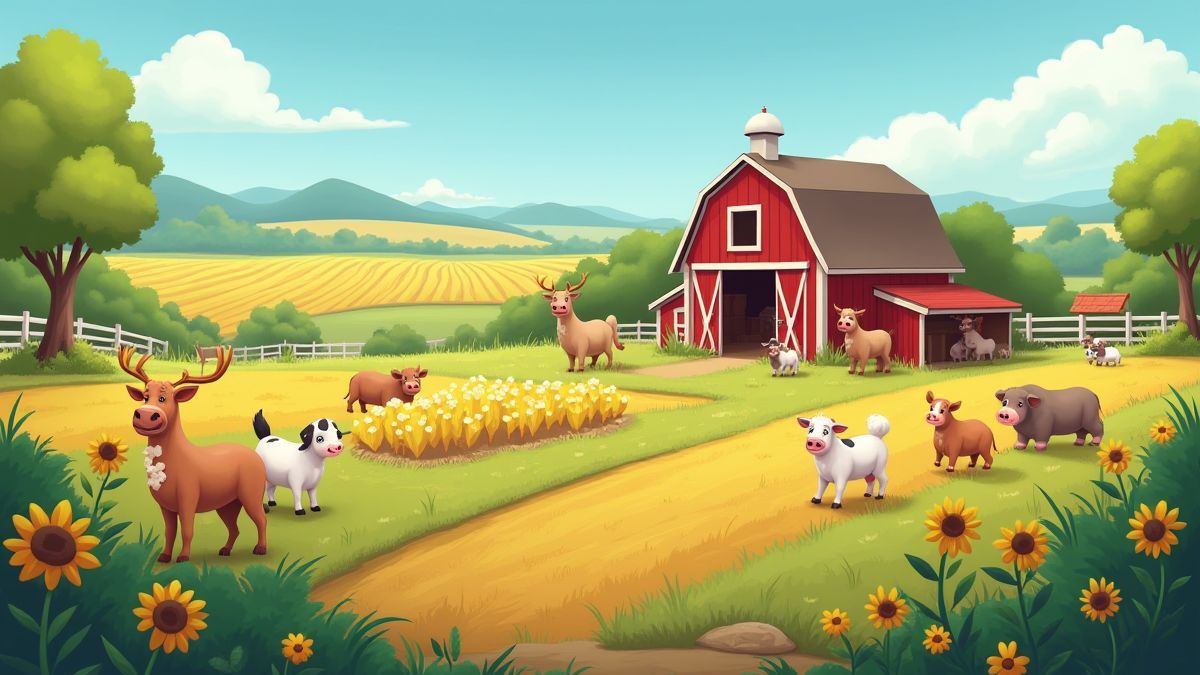 Eine animierte Farm mit Tieren und Pflanzen