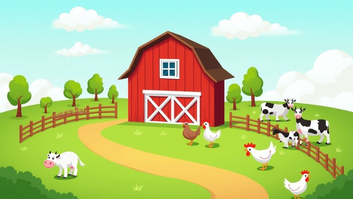 Eine fröhliche Farm mit einem roten Scheunen und Tieren wie Kühen und Hühnern.