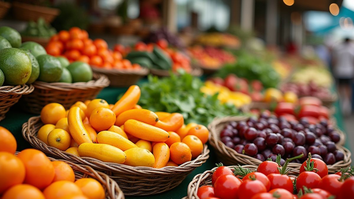 Frutas y verduras frescas en un mercado animado.