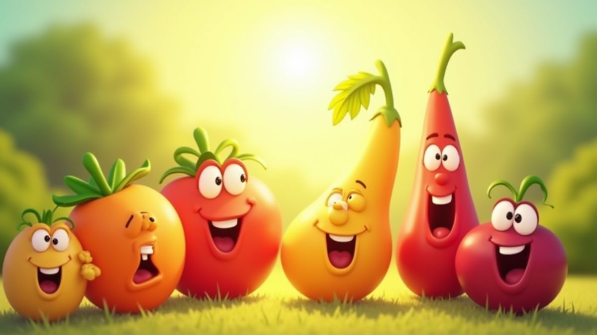 Frutas y verduras sonrientes disfrutando del sol.