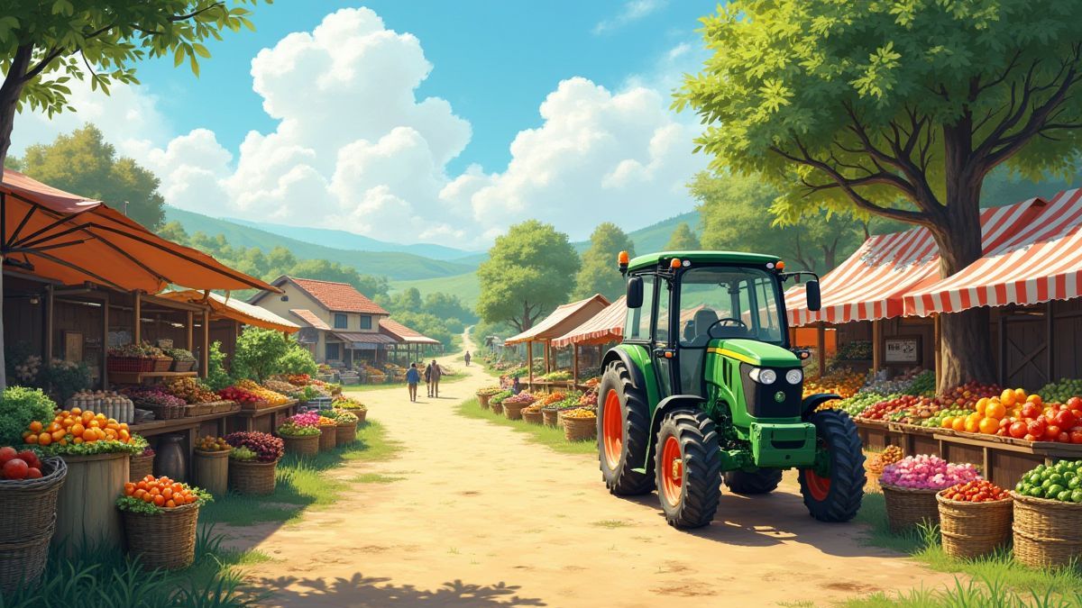Un mercado rural con un tractor y productos frescos bajo el sol.