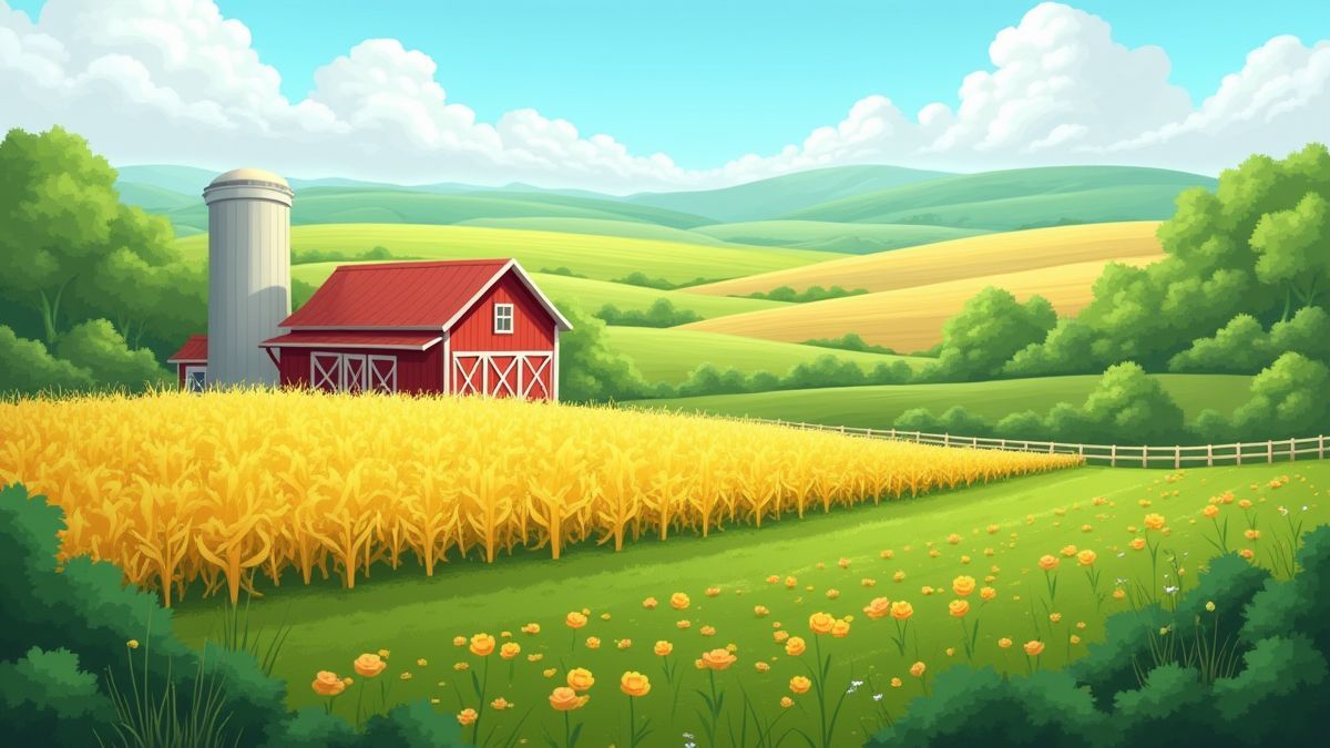 A sunny farm with green fields and a barn.