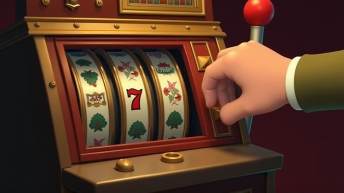 Animated hand spinning a classic slot machine.