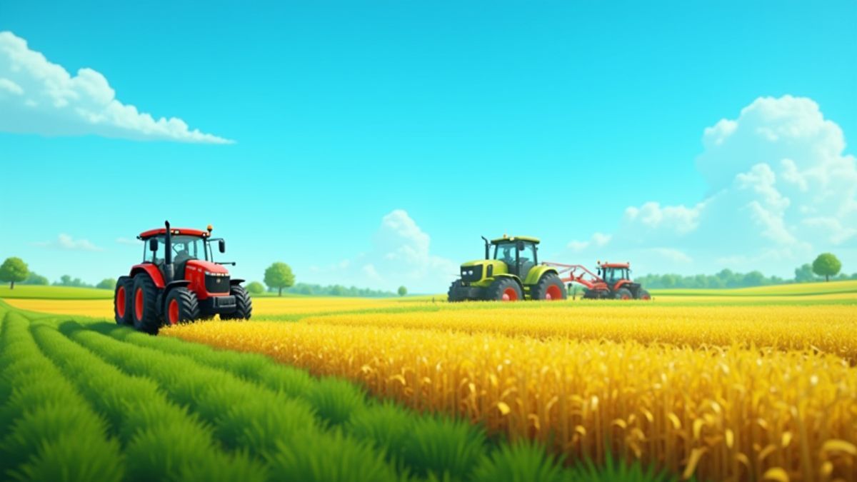 An animated field with tractors and crops under a blue sky.