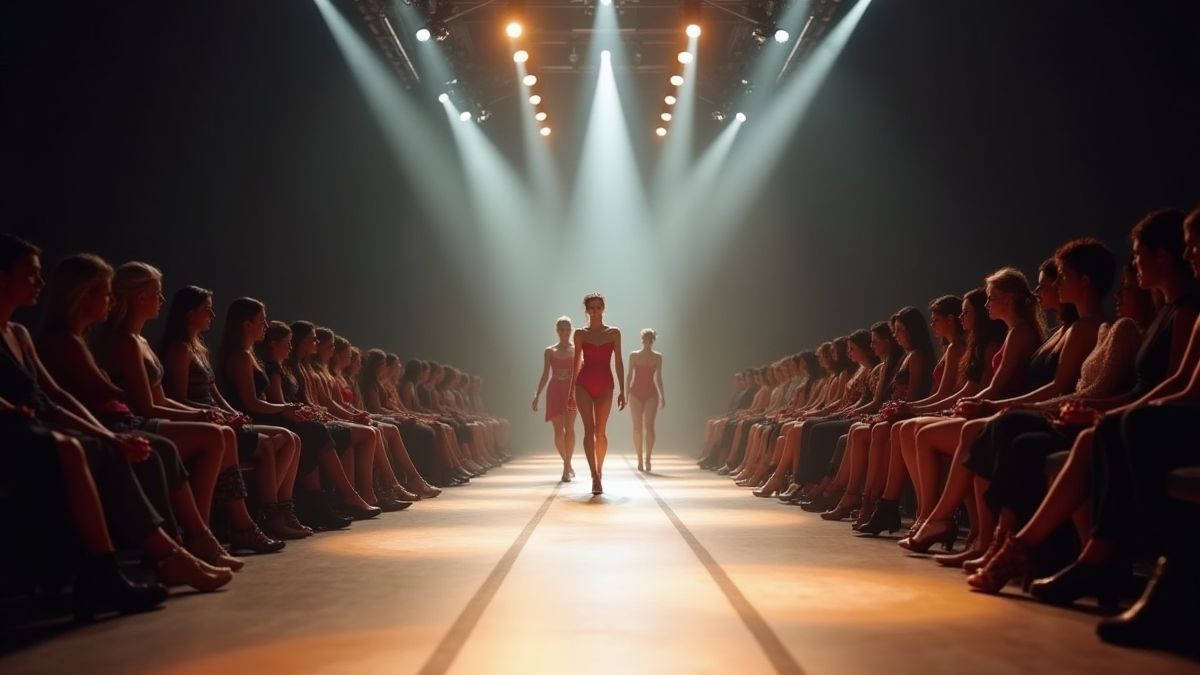 Une pasarela de haute mode avec des modèles et des lumières brillantes.