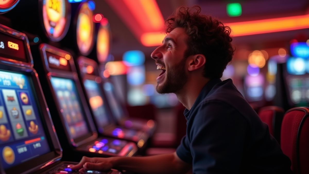 Un joueur excité devant une machine à sous dans un casino luxueux.