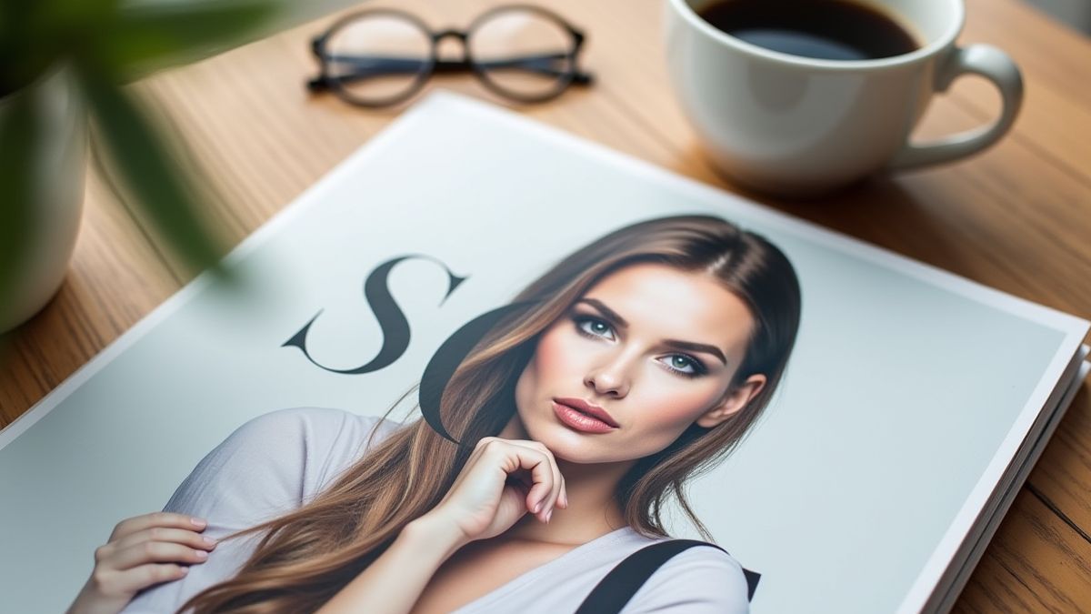 Uma revista de moda em uma mesa com óculos e uma xícara de café.
