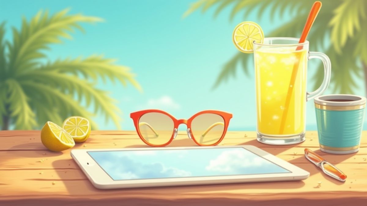 Uma mesa elegante com limonada, óculos de sol e um tablet.