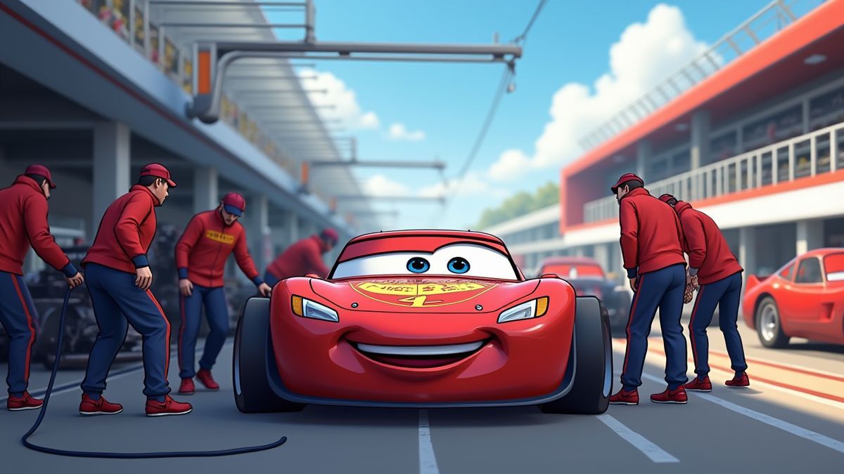 Un coche de carreras siendo atendido en un pit stop animado.