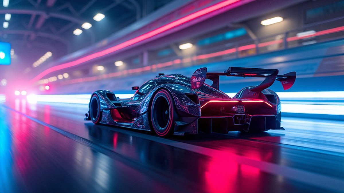 Futuristisches Auto, das auf einer beleuchteten Strecke fährt