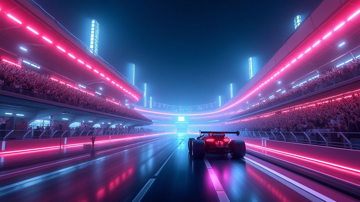 Beleuchtete Rennstrecke mit futuristischen Autos
