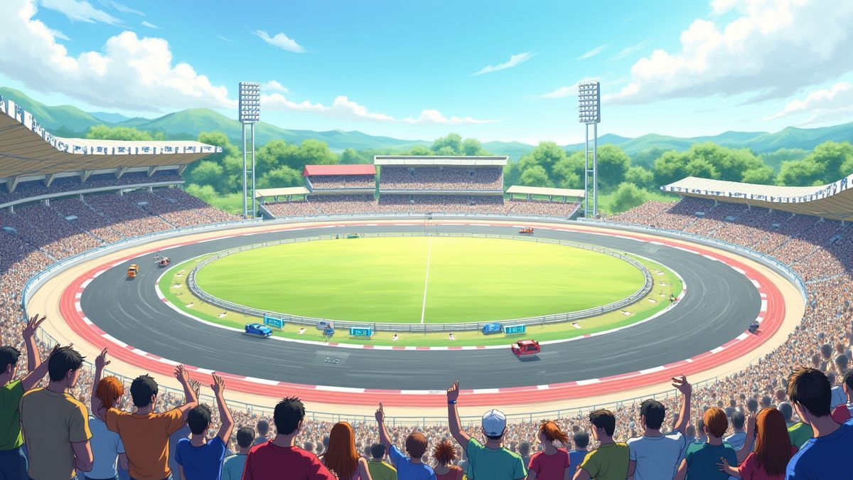 Eine Rennstrecke mit lebendigen Farben und jubelnden Zuschauern.