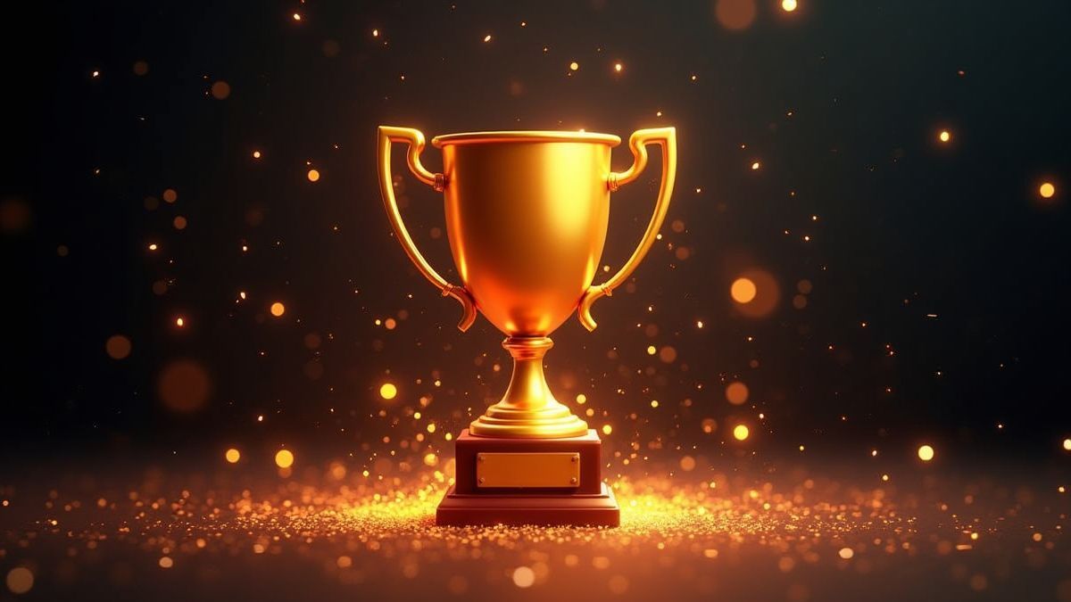 Animierte Trophäe umgeben von Funken und Konfetti.