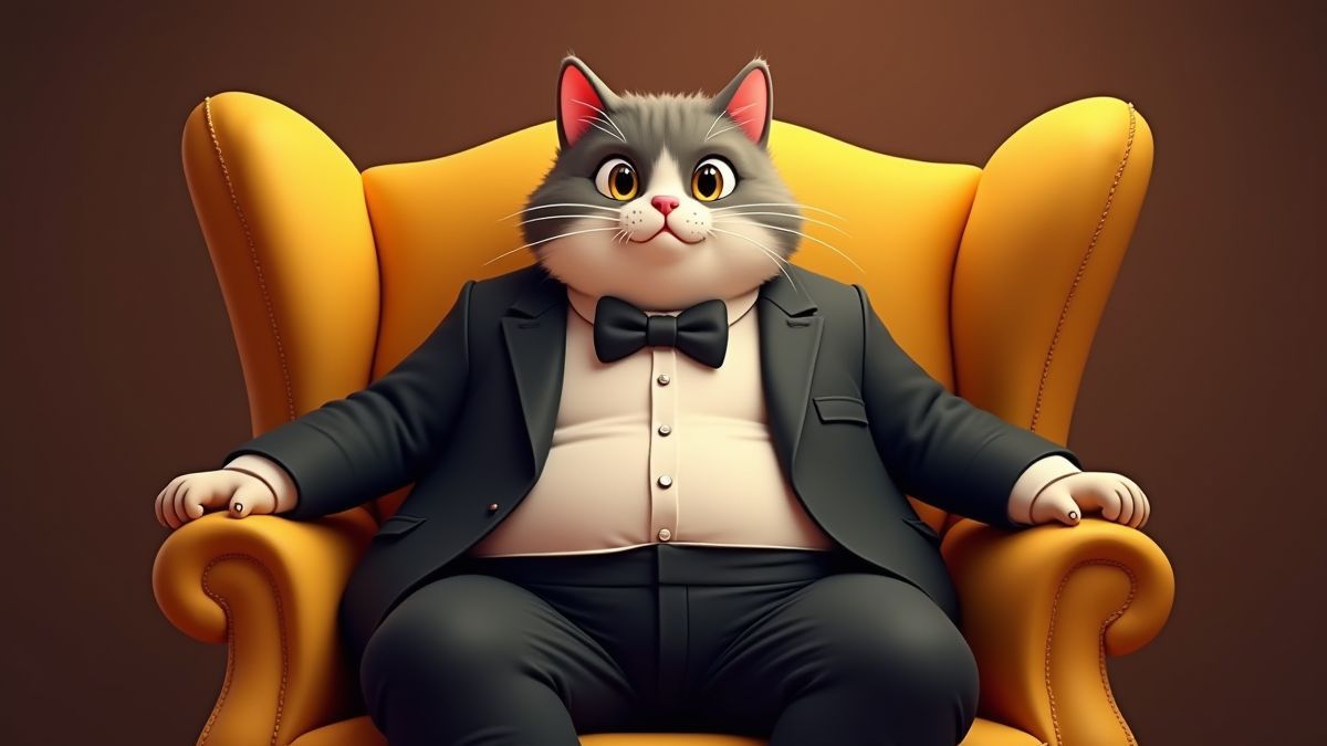 Un gato gordo con esmoquin sentado en un sillón dorado.