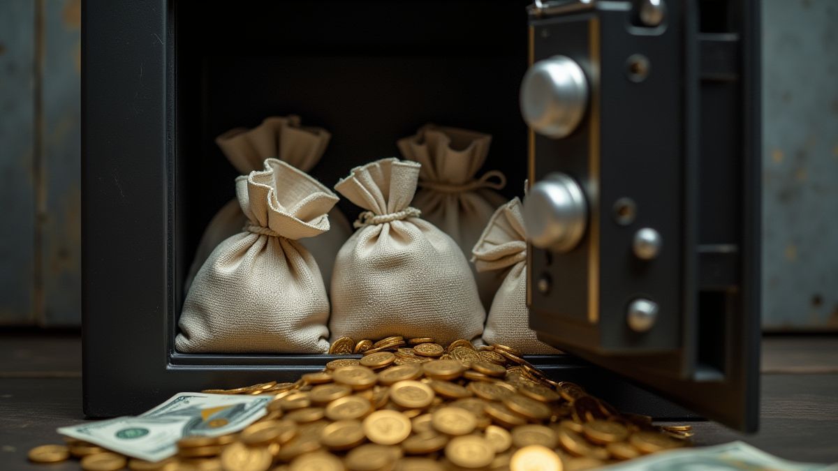 Una caja fuerte llena de bolsas de dinero y monedas de oro.