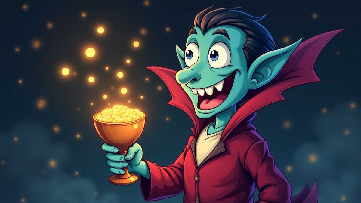 Um vampiro alegre segurando um cálice cercado de bolhas brilhantes.