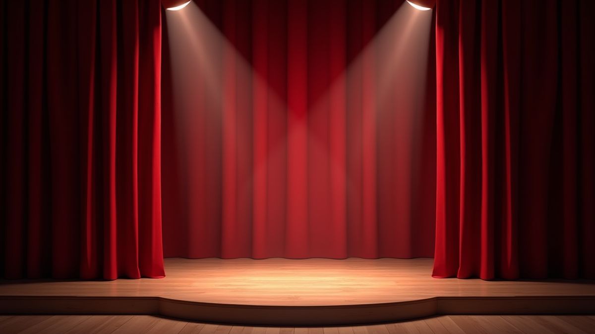 Opera stage with elegant curtains and lights.