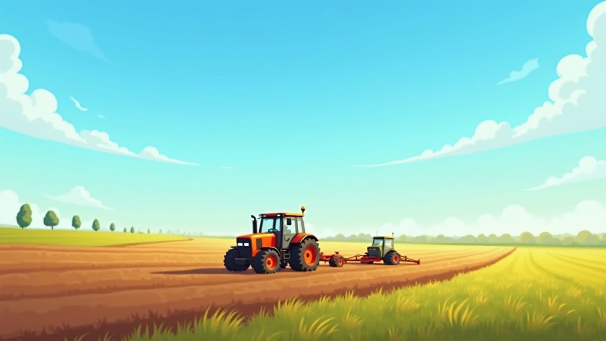Ein animierter Traktor, der ein Feld unter einem blauen Himmel pflügt.