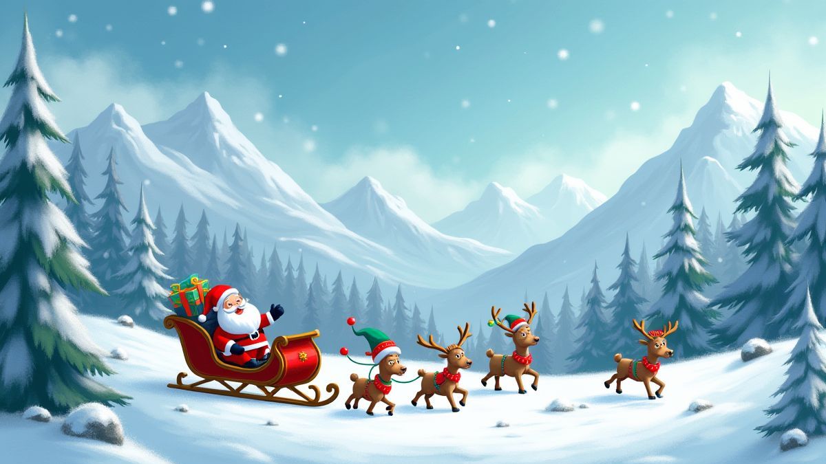 Santa in his sleigh accompanied by elves and reindeer in a snowy landscape.