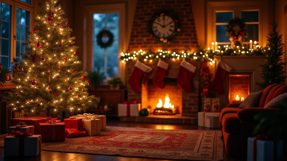 A festive living room with a lit Christmas tree and gifts around.