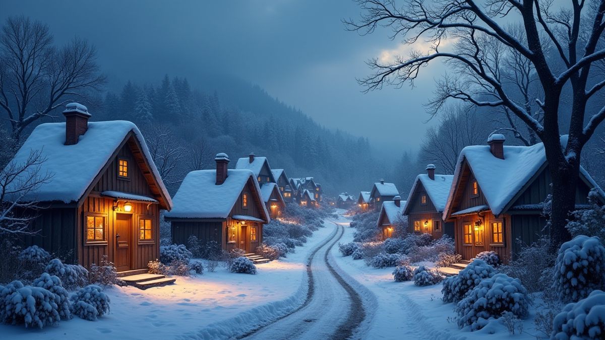 A cozy village covered in snow with illuminated lanterns.