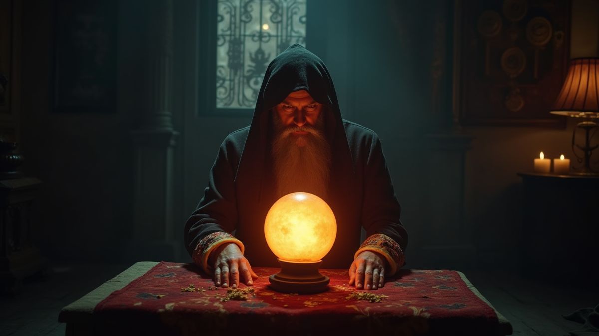 Une adivina mística frente a una bola de cristal brillante.