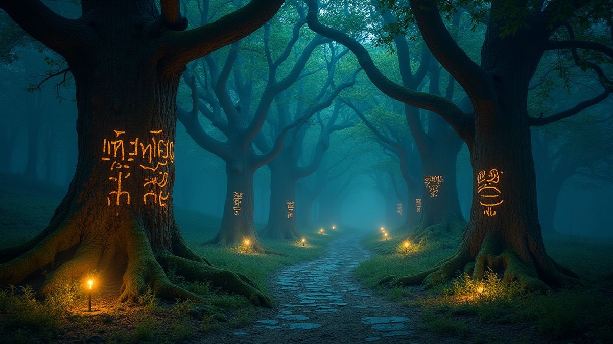 Un bosque encantado con luces brillantes y runas misteriosas.
