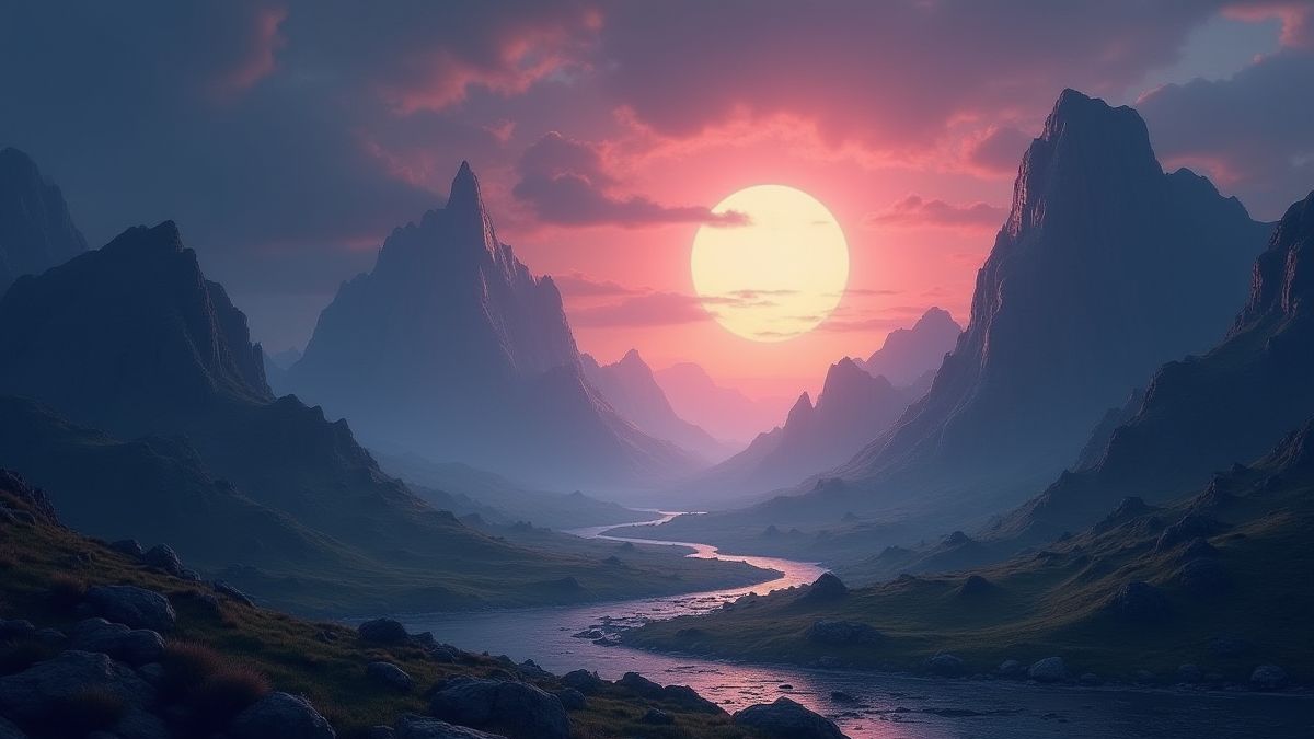 Paysage mystique avec montagnes et un portail brillant.