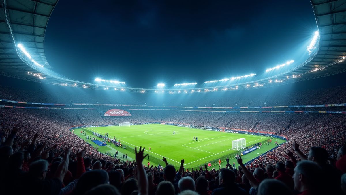 Vibrant football stadium at night with spotlights and fans waving flags.