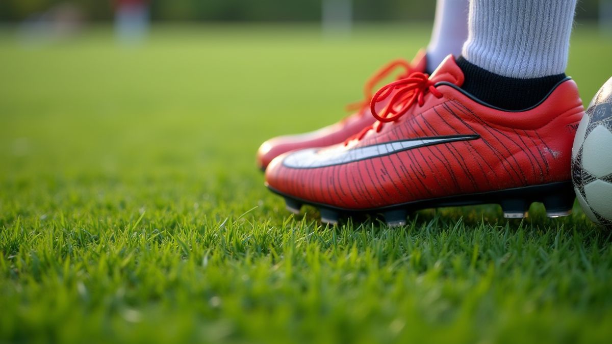 Football boots and a ball on fresh green grass.