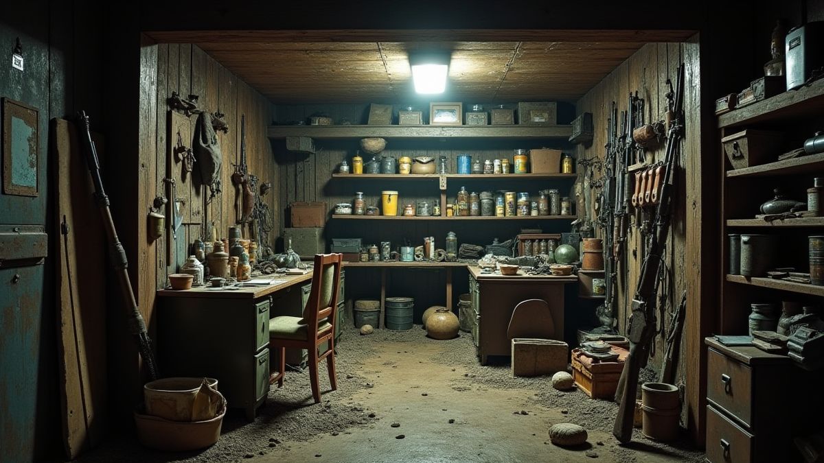 Búnker de supervivencia con armas y suministros.