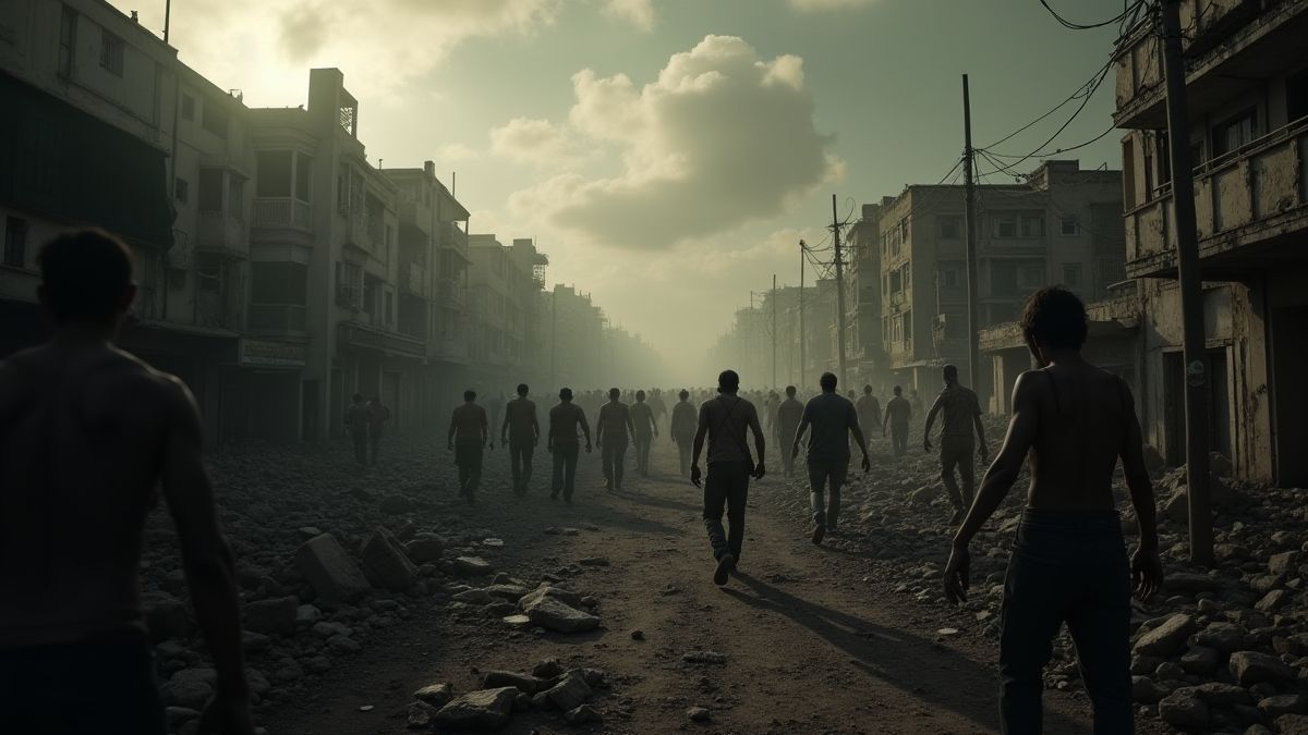 Una ciudad destruida con zombies caminando.