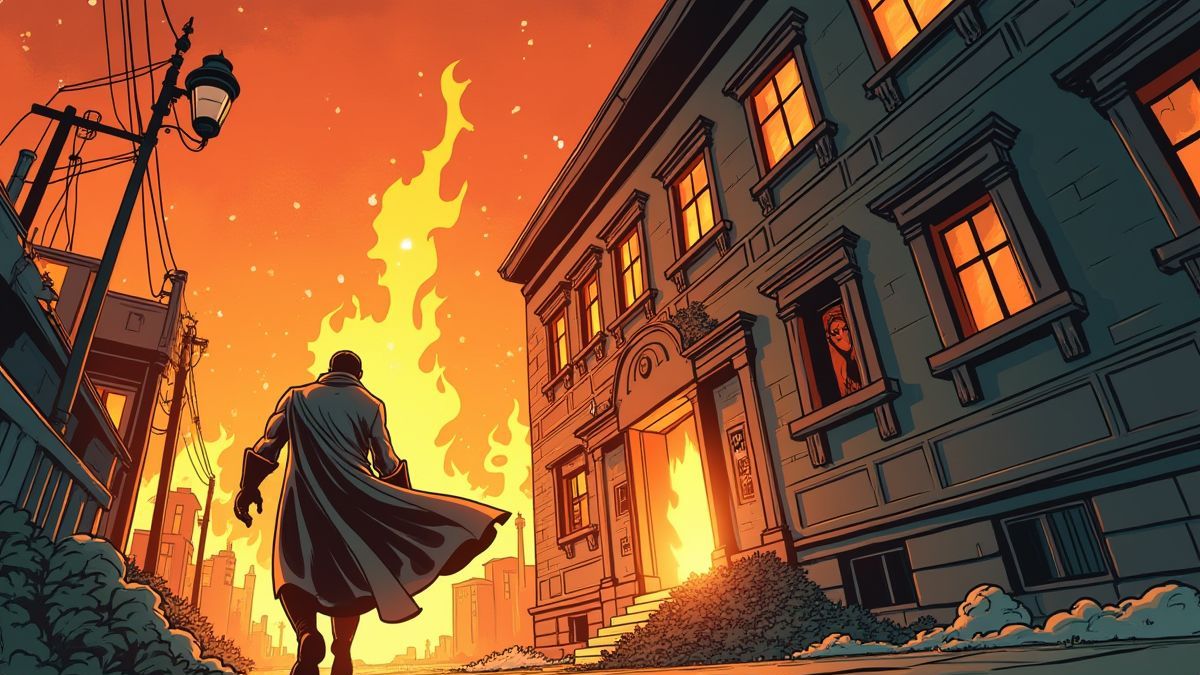 Frederick rettet eine Frau aus einem brennenden Gebäude.