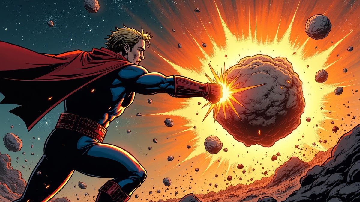 Frederick, der sich einem Meteoriten stellt.