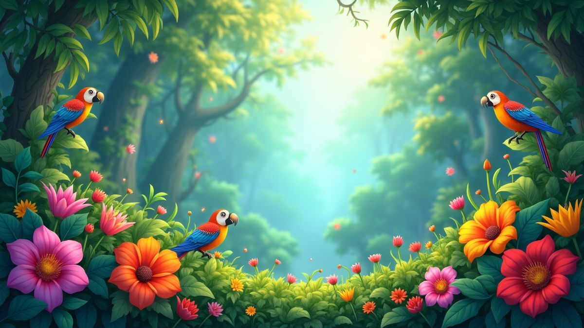 Eine animierte Dschungelszene mit bunten Blumen und tropischen Vögeln.