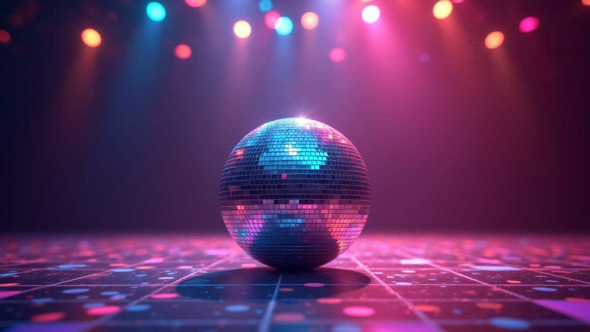 Bola de discoteca animada iluminando una pista de baile.