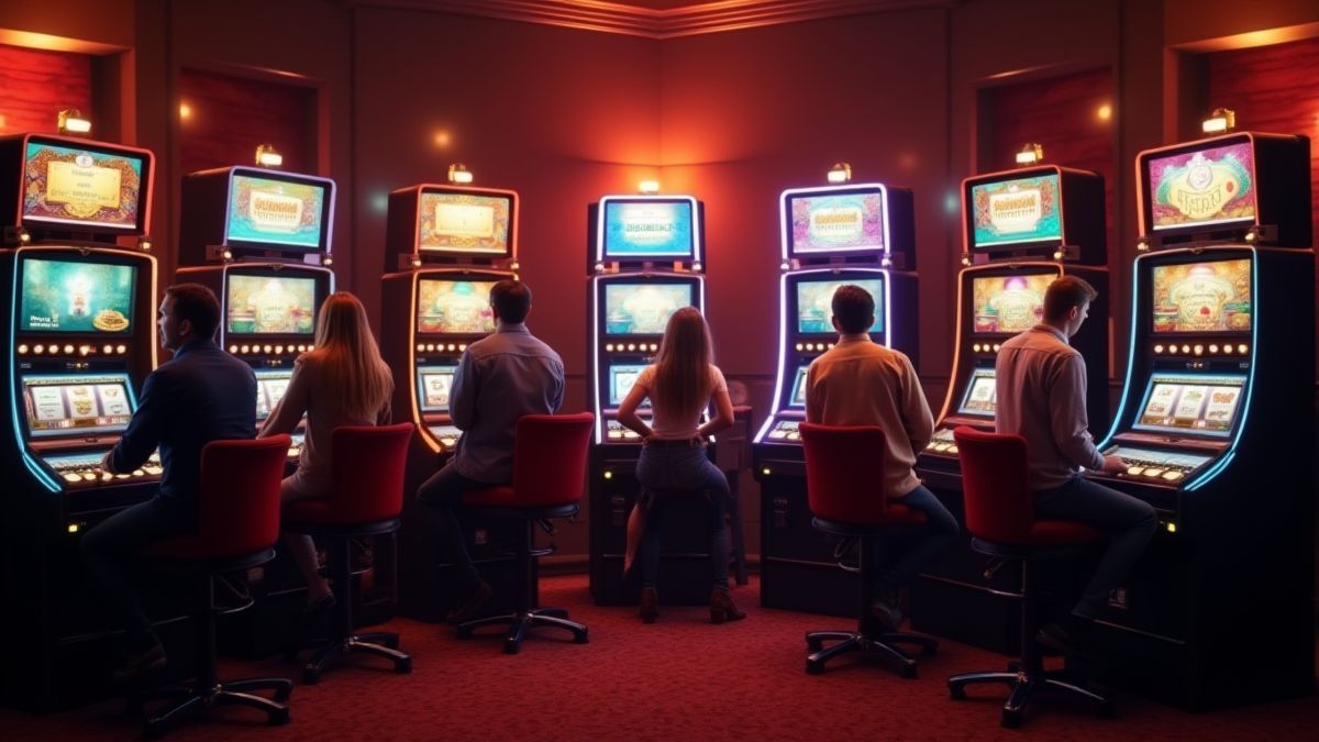 Escena animada de jugadores en un casino disfrutando de las máquinas tragamonedas.