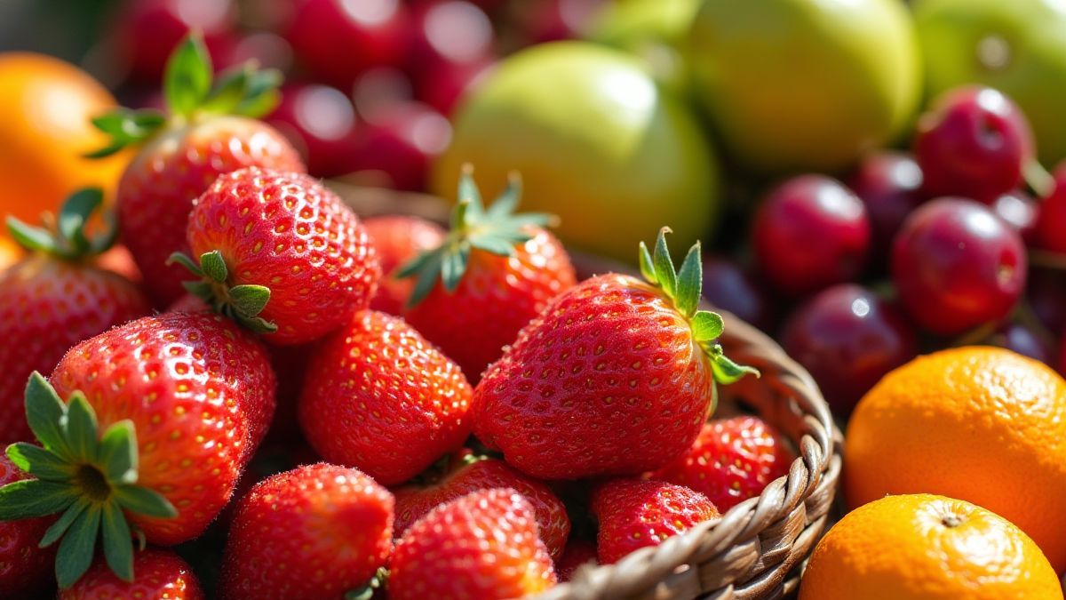 Colorful fruits in a sunny field.