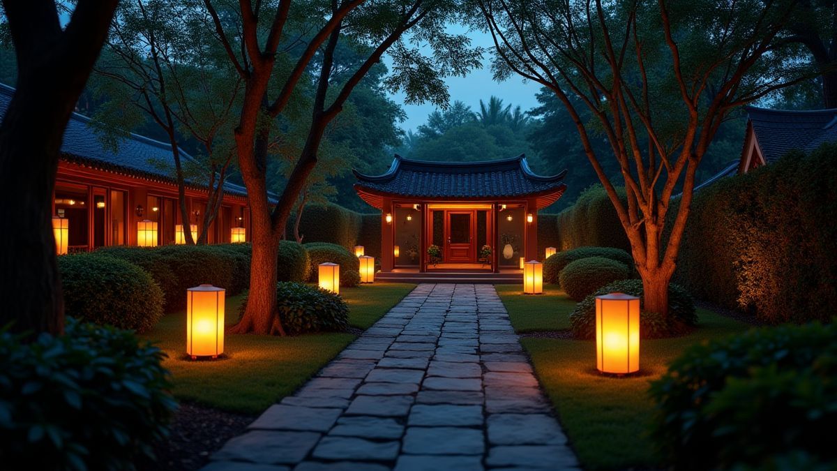 Un jardín chino iluminado por farolillos de noche.