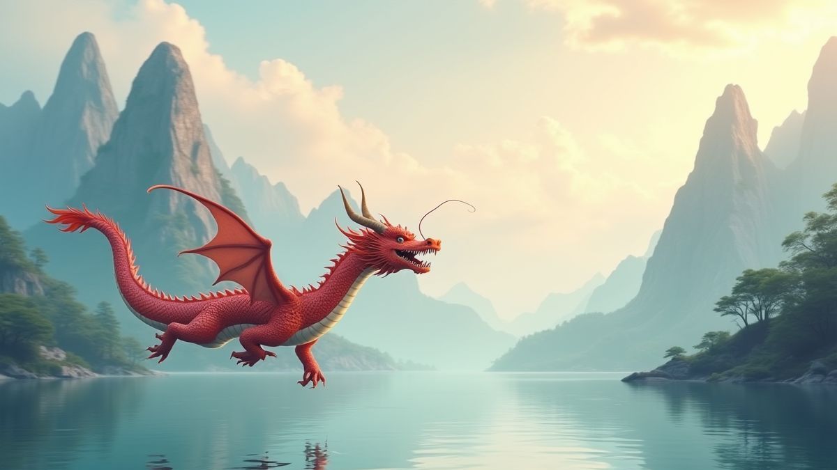 Un dragón chino volando sobre un lago rodeado de montañas.