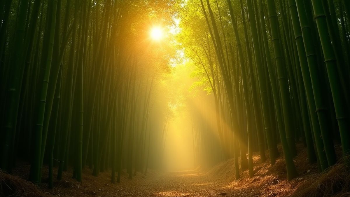 Un bosque de bambú bajo la luz dorada del sol.