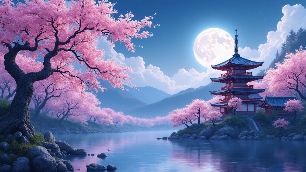 Serene Asian landscape with cherry blossoms and a pagoda under the moonlight.