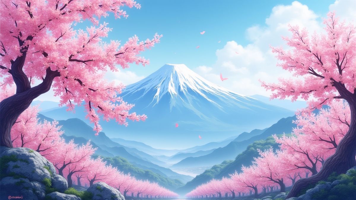 Cherry blossoms and mountains in a vibrant Asian style.