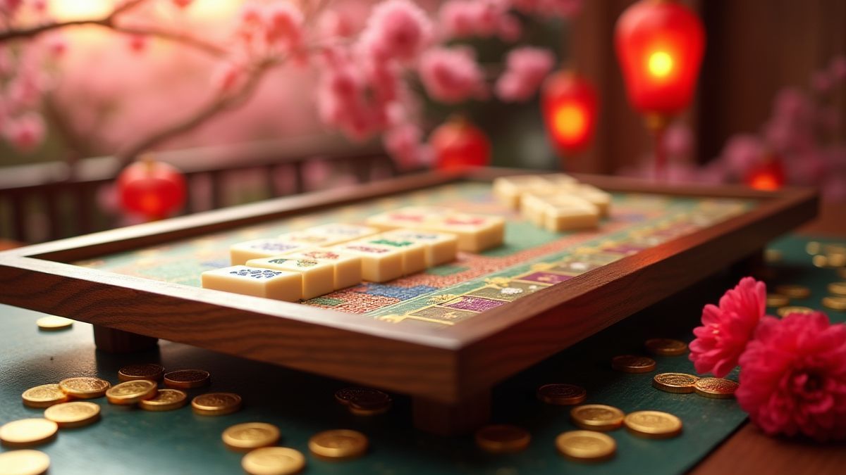 Asian Mahjong table with golden coins and cherry blossoms.