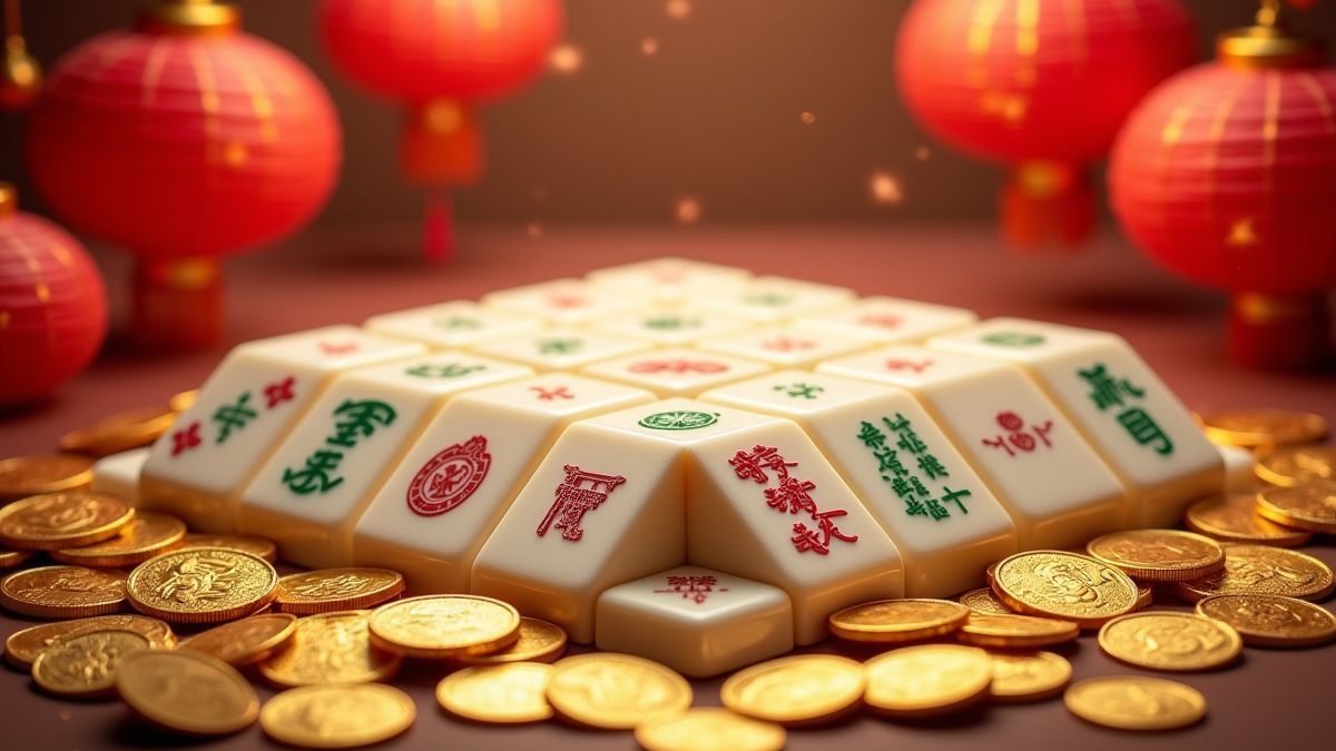 Mahjong tiles surrounded by golden coins and red lanterns.