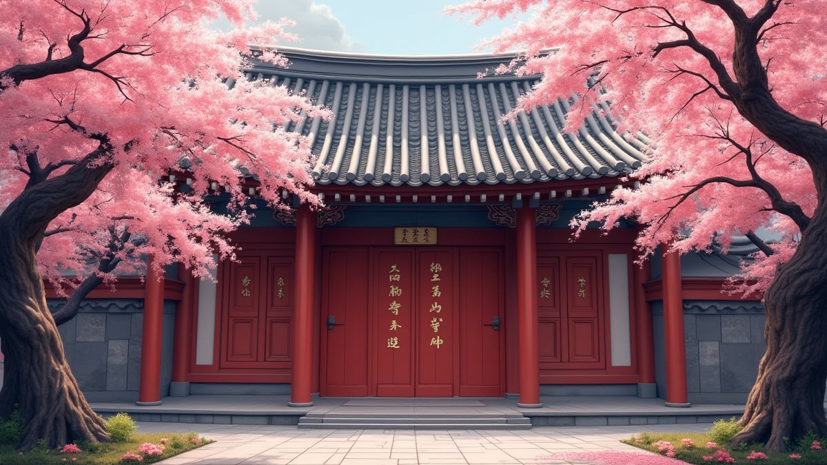 Cherry trees in front of a Chinese dojo with martial arts symbols.